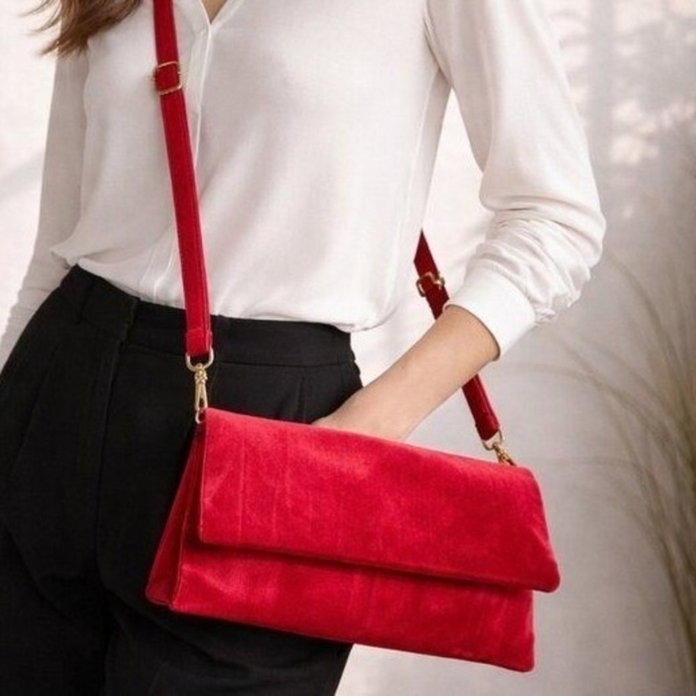 Anthropologie NEW Street Level Cherry Red Velvet Crossbody Foldover Purse Clutch